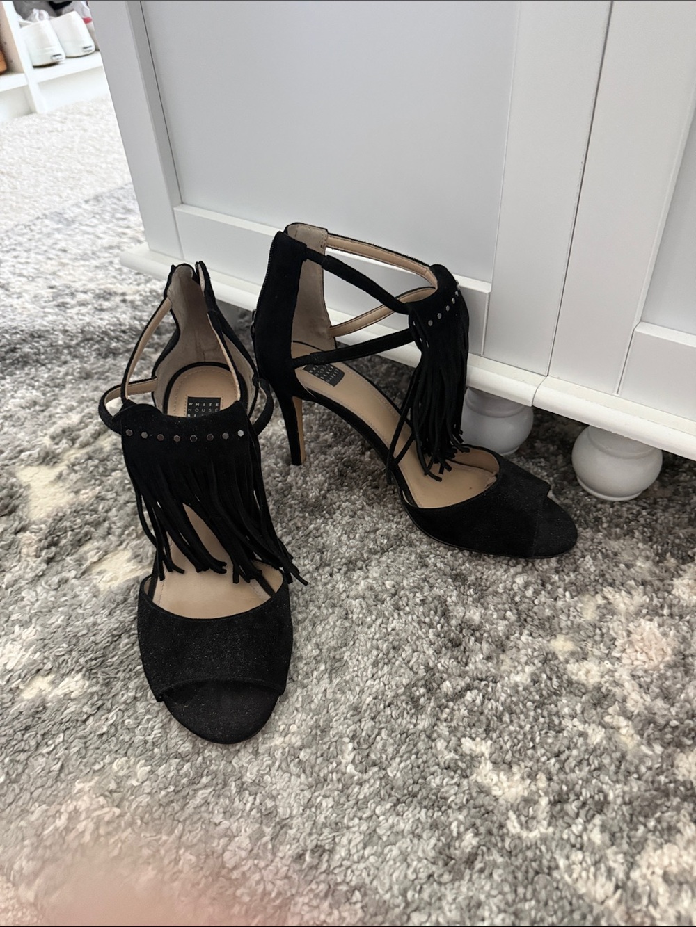 White House Black Market Black Fringe Stiletto Sandals